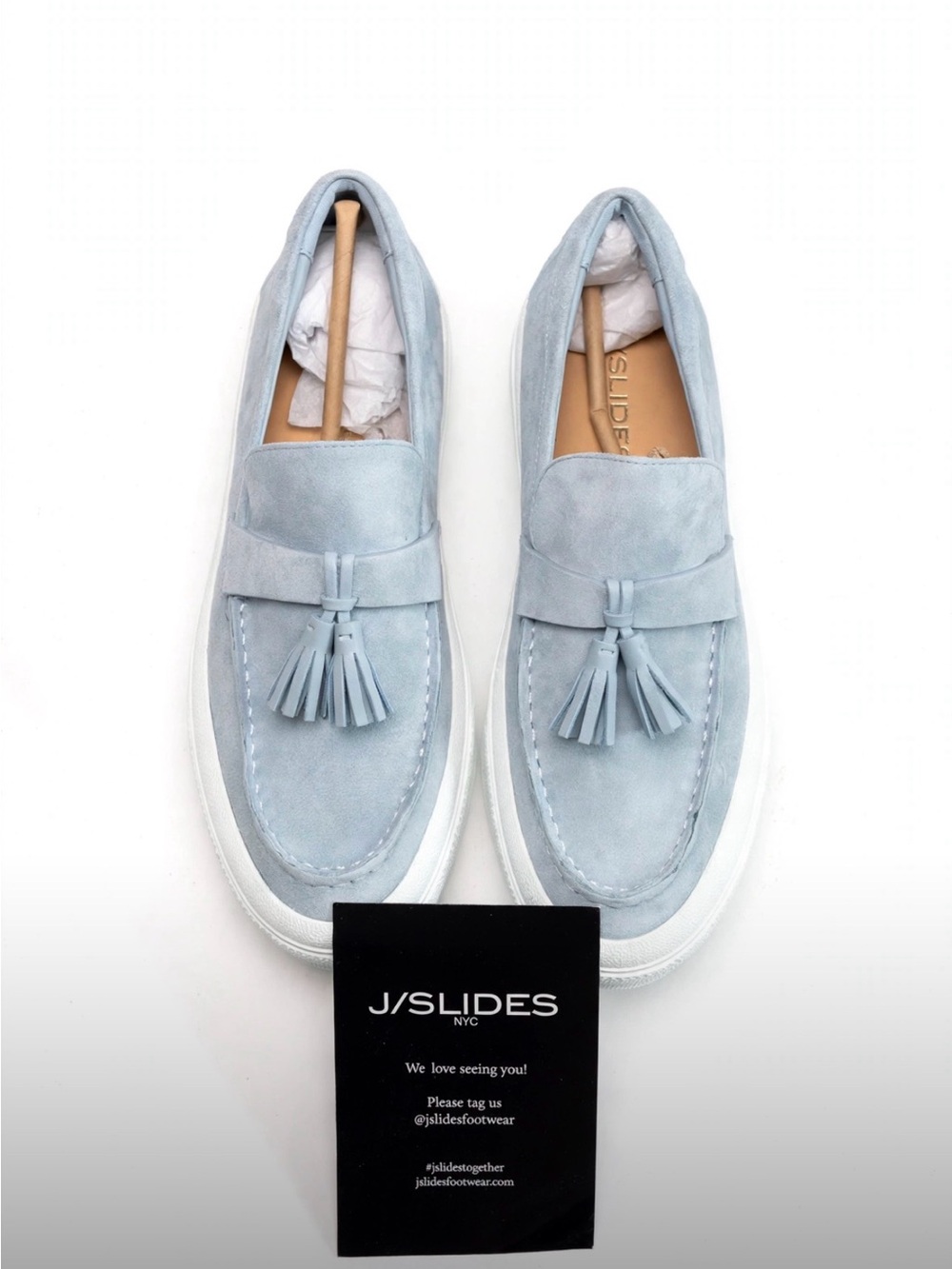 J/SLIDES Men’s Powder Blue Suede Tassel Slip-On Loafers